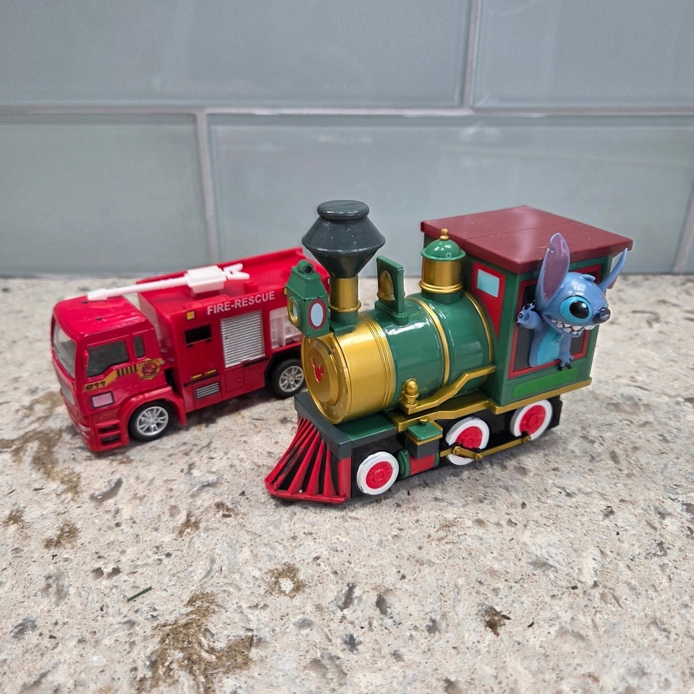 Disney Stitch Train Engine and Fire Rescue Truck Pull-back Car Toy Lot of 2